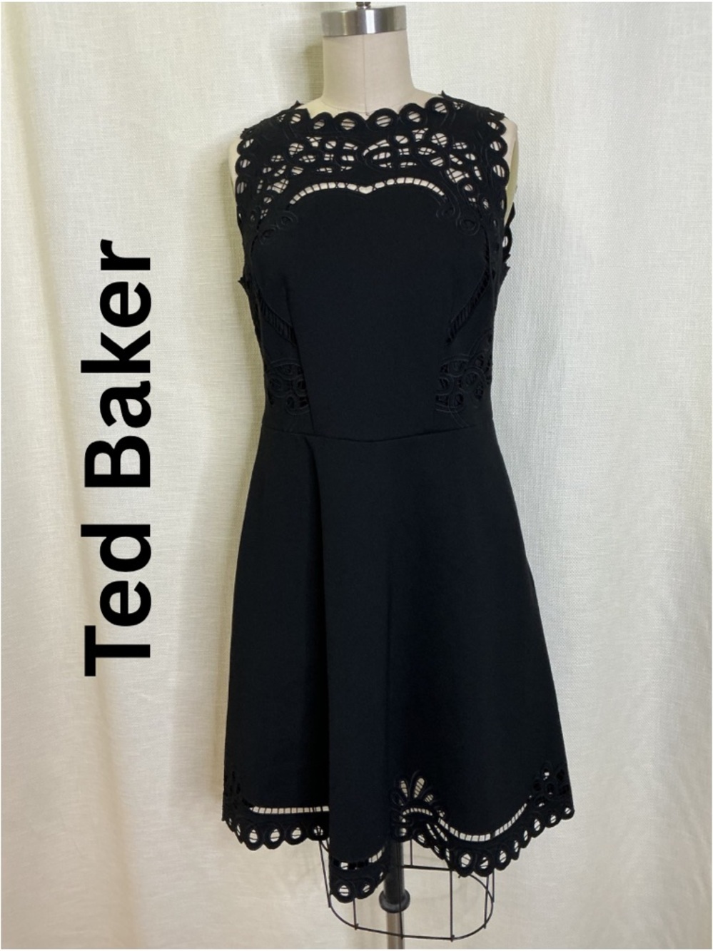 Ted Baker Black Lace Fit Flare Dress Size 3 Elegant Cocktail Party Mini Chic